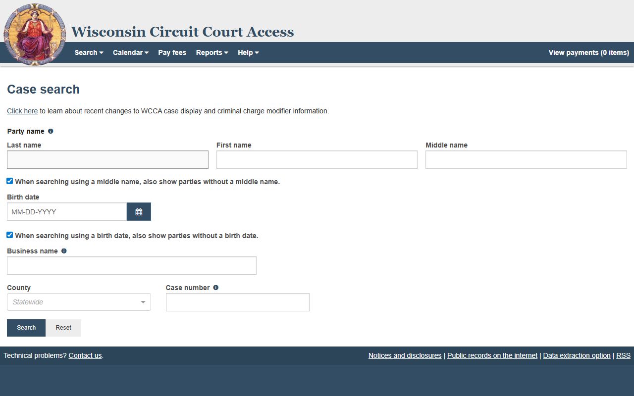 Wisconsin Circuit Court Access search portal for circuit court cases