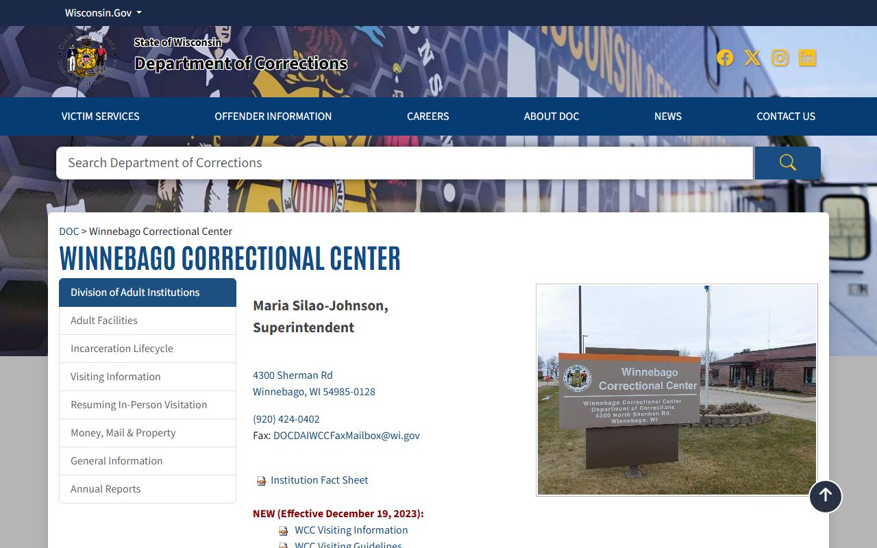 Wisconsin DOC page for Winnebago Correctional Center