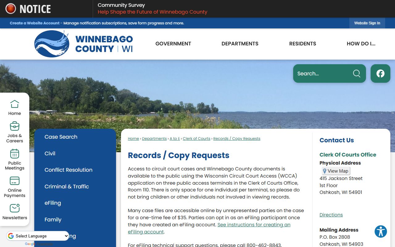 Winnebago County Clerk of Courts records and copy request page