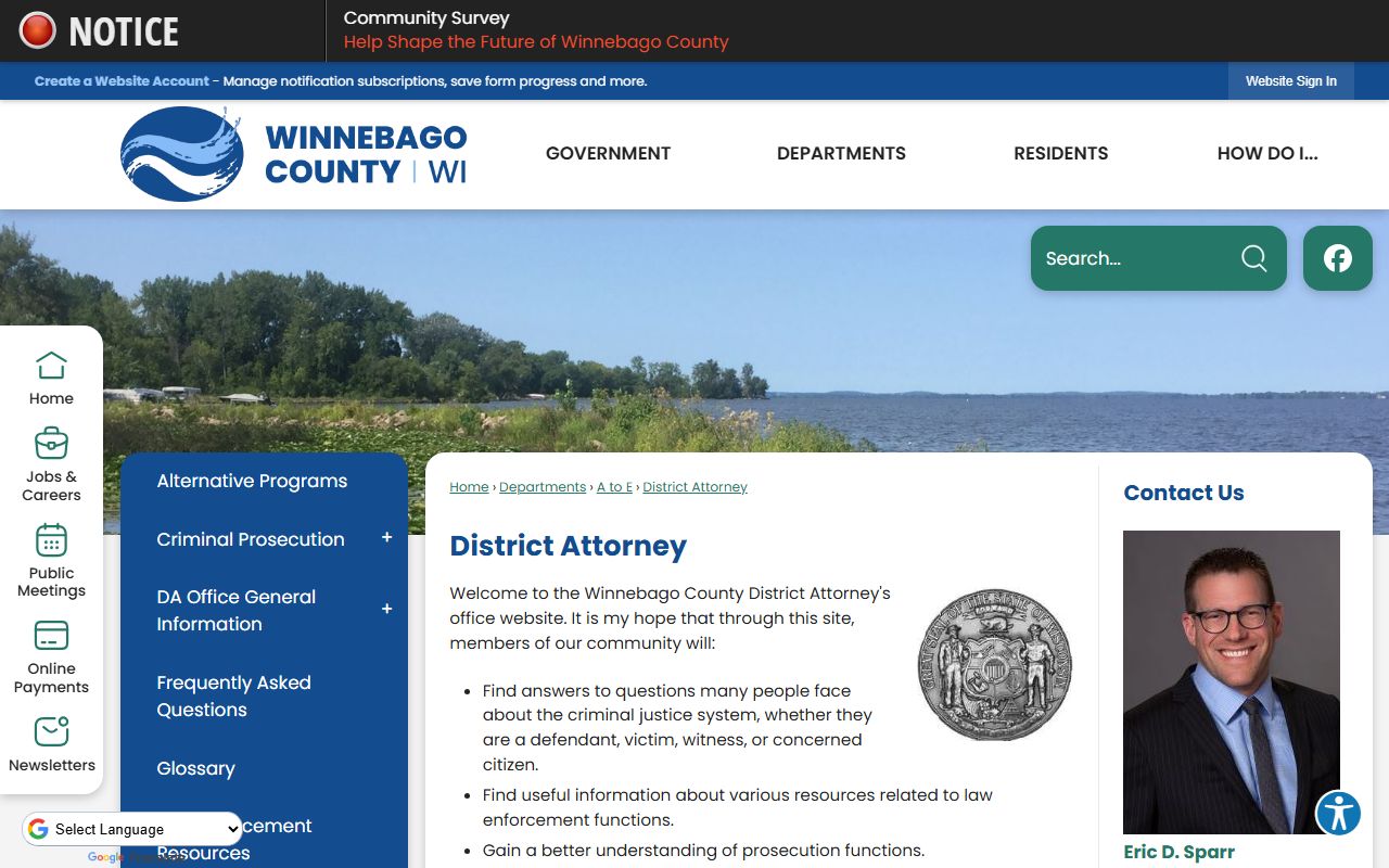 Winnebago County District Attorney page naming Eric D. Sparr and court-date resources
