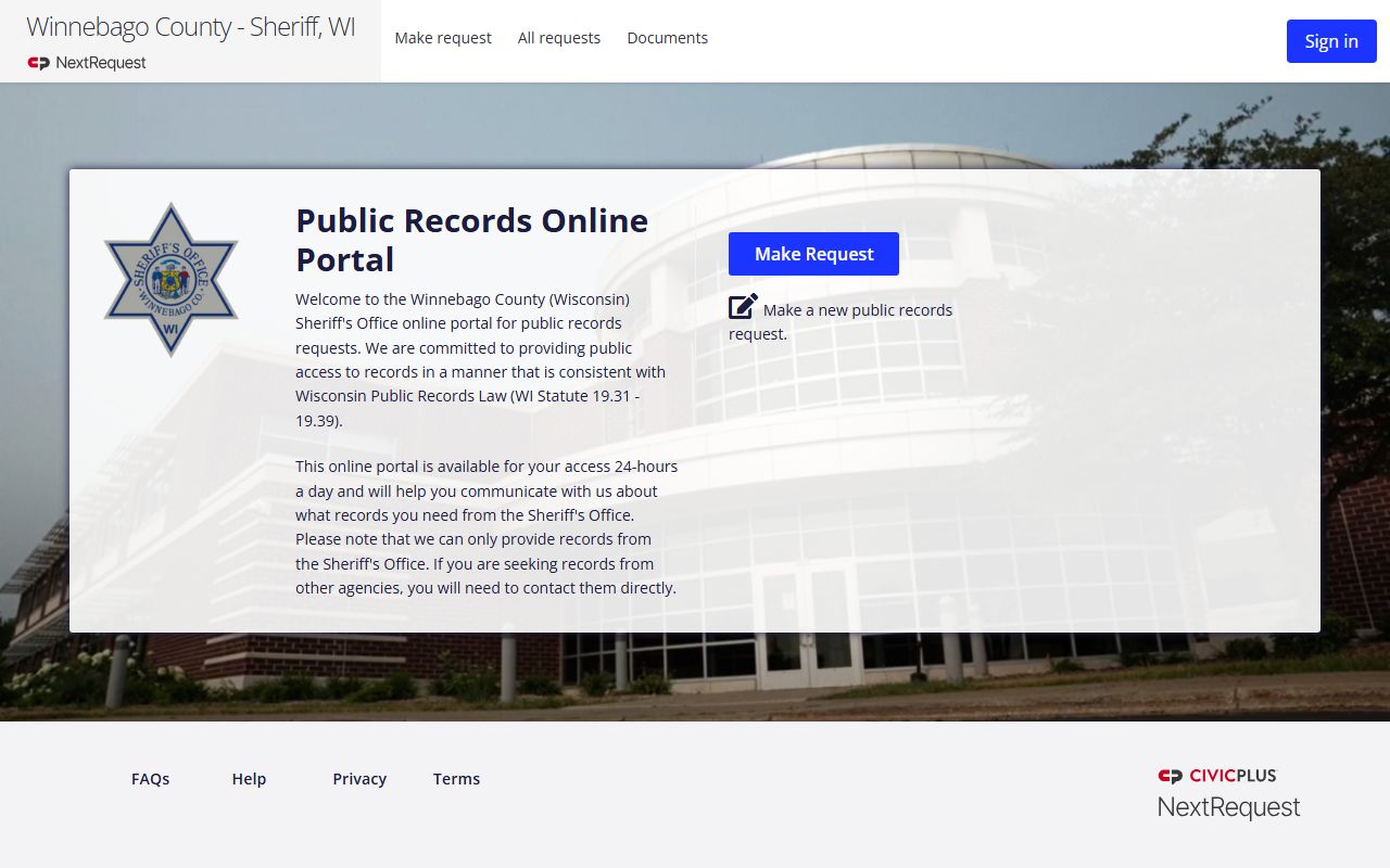 Winnebago County Sheriff's Office NextRequest public records portal