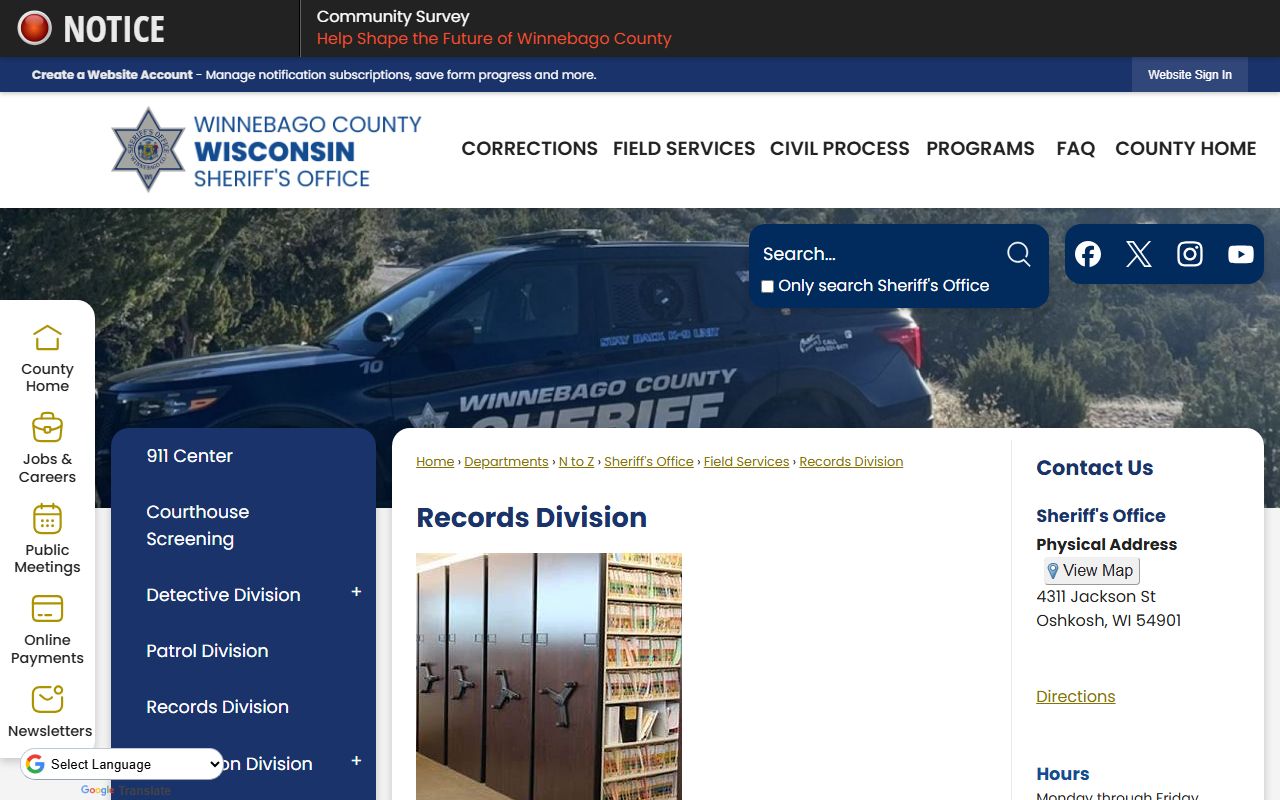 Winnebago County Sheriff's Records Division page describing public records requests